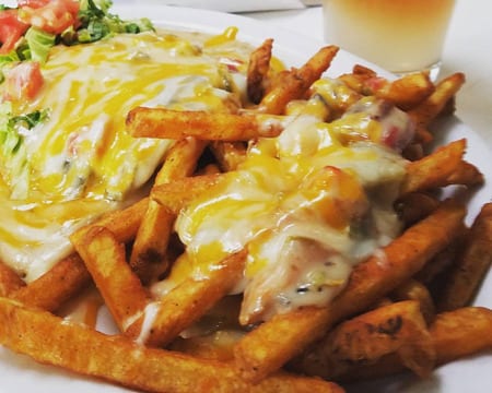 Melted cheese covered new mexico green chili burger and fries