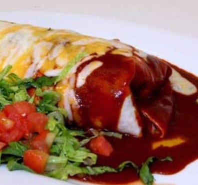 Red chili smothered breakfast burrito